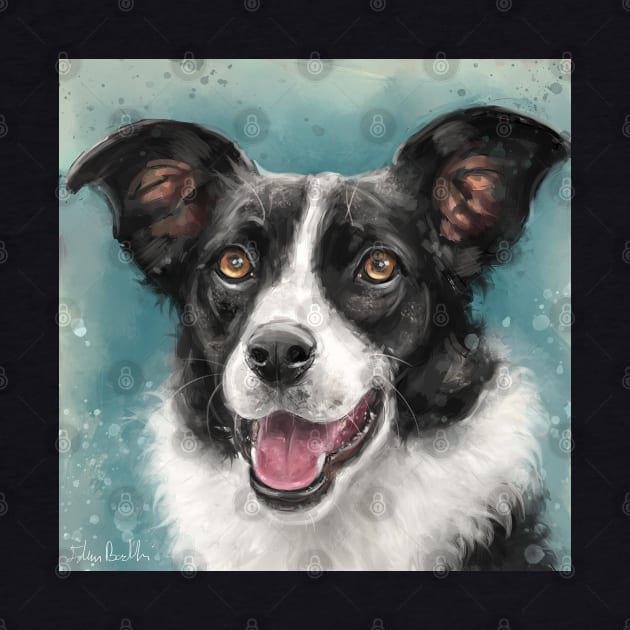 Painting of a Black and White Border Collie Dog on Grey Blue Background by ibadishi